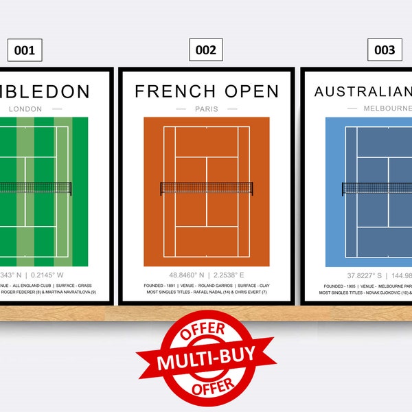 Tennis Court Print Poster Wall Art Minimalist Tennis Prints Tennis Gift Set of 4 Prints Tennis Grand Slam Gift Idea