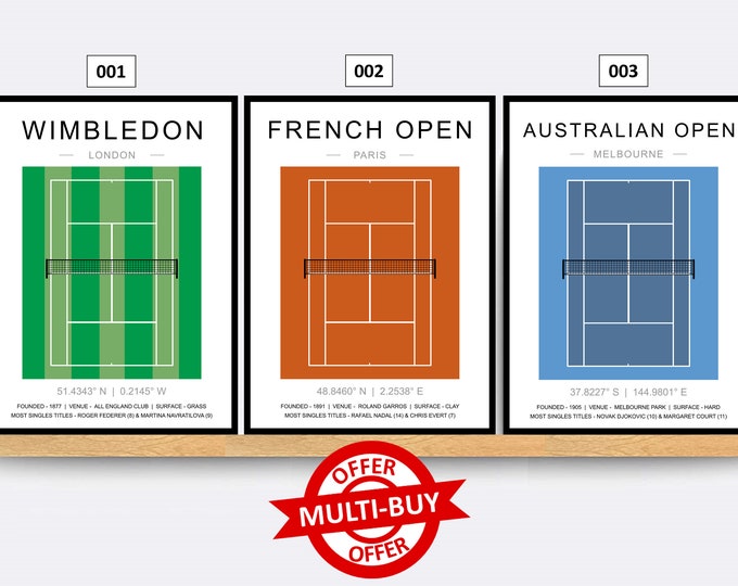 Tennis Court Print Poster Wall Art Minimalist Tennis Prints Tennis Gift Set of 4 Prints Tennis Grand Slam Gift Idea
