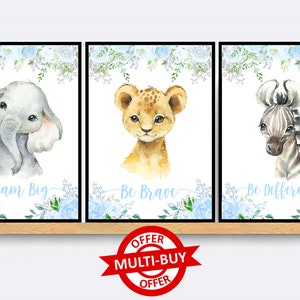 Safari Animal Print Wall Art Poster Bebé Guardería Dormitorio Regalo Niños Carteles Jungle Safari Animales de Granja Conjunto de 3 Safari Impresiones Floral Azul