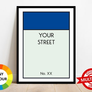 Personalised Monopoly Print Wall Art Poster Custom Property Home Decor Gift Idea Any Street Name Number Board Game Prints Navy Blue (Mayfair)