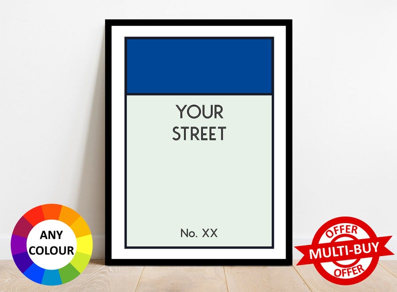 Personalised Monopoly Print Wall Art Poster Custom Property Home Decor Gift Idea Any Street Name Number Board Game Prints Navy Blue (Mayfair)