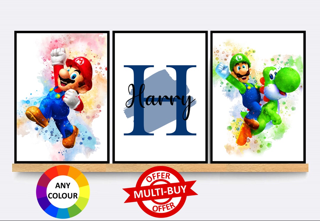 Personalised Set of 3 Mario Luigi Print Wall Art Poster Custom Kids ...