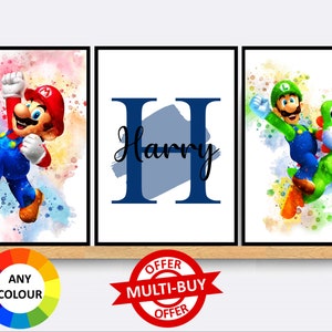 Conjunto personalizado de 3 Mario Luigi imprimir pared arte cartel personalizado niños dormitorio bebé guardería personaje niños personalizado regalo idea impresiones carteles