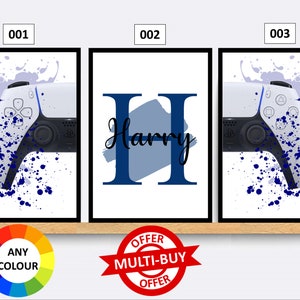 May include: Three printable wall art designs featuring a white and blue video game controller with blue paint splatters. The middle design features the name "Harry" in blue cursive writing with a large blue letter "H" behind it.