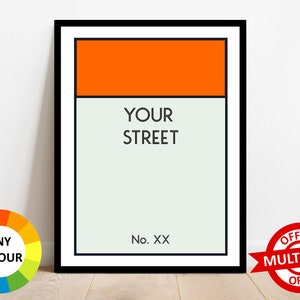 Personalised Monopoly Print Wall Art Poster Custom Property Home Decor Gift Idea Any Street Name Number Board Game Prints Orange (Bow Street)