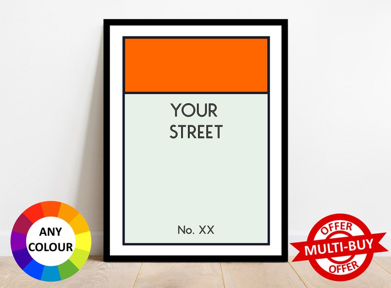 Personalised Monopoly Print Wall Art Poster Custom Property Home Decor Gift Idea Any Street Name Number Board Game Prints Orange (Bow Street)