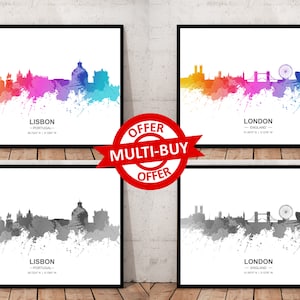 Any City Skyline Print Cityscape Map Wall Art Poster Landscape Lisbon Liverpool Lodz London Los Angeles Lyon Madrid