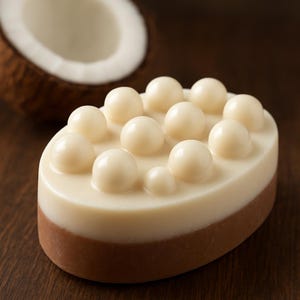 A white, oval-shaped soap bar with a brown base sits on a wooden surface, with a halved coconut visible in the background.