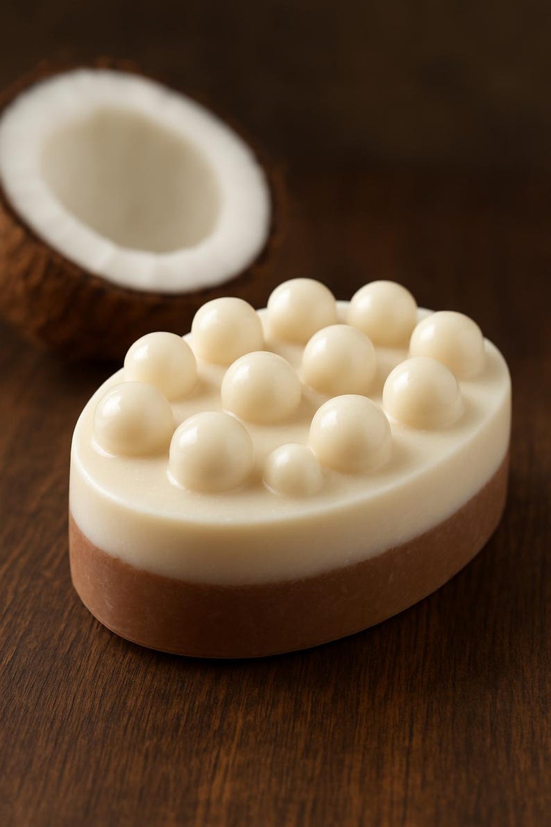 A white, oval-shaped soap bar with a brown base sits on a wooden surface, with a halved coconut visible in the background.