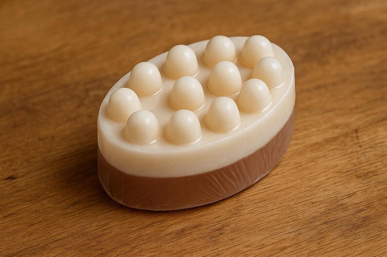 A white and brown soap bar with a textured surface sits on a wooden surface.