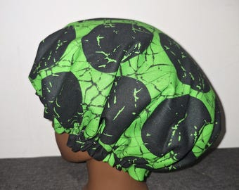 African Print Hair Bonnet, Ankara Satin Lined Bonnet, Green and Black Hair Cap