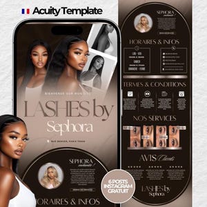 Könnte beinhalten: Werbegrafik für "Lashes by Sephora" mit einem Telefon-Mockup, das Bilder von Frauen und Text zeigt. Das Design enthält den Text "Bienvenue sur mon site" sowie Details zu Dienstleistungen und Öffnungszeiten.