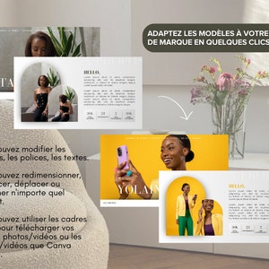 May include: A collage of images showing how to customize templates with photos, colors, and text. The text reads "Adapt the templates to your brand image in a few clicks." and "You can modify the colors, fonts, and text. You can resize, replace, move, or delete any element. You can use the photo frames to upload your own photos/videos or the images/videos that Canva has."