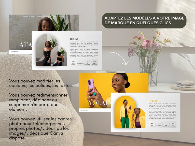 May include: A collage of images showing how to customize templates with photos, colors, and text. The text reads "Adapt the templates to your brand image in a few clicks." and "You can modify the colors, fonts, and text. You can resize, replace, move, or delete any element. You can use the photo frames to upload your own photos/videos or the images/videos that Canva has."