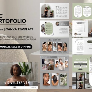 May include: A Canva template for an UGC portfolio with 11 pages. The template is customizable and can be used as a website, presentation, or PDF. The template features a green and gray color scheme with images of a woman and text in French.