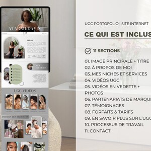 May include: A website mockup for a UGC portfolio, featuring a woman's headshot and a list of 11 sections, including "Image Principale + Titre", "&Agrave; Propos de Moi", "Mes Niches et Services", "Vid&eacute;os UGC", "Vid&eacute;os en Vedette + Photos", "Partenariats de Marques", "T&eacute;moignages", "Forfaits & Tarifs", "En Savoir Plus sur l'UGC", "Processus de Travail", and "Contact".