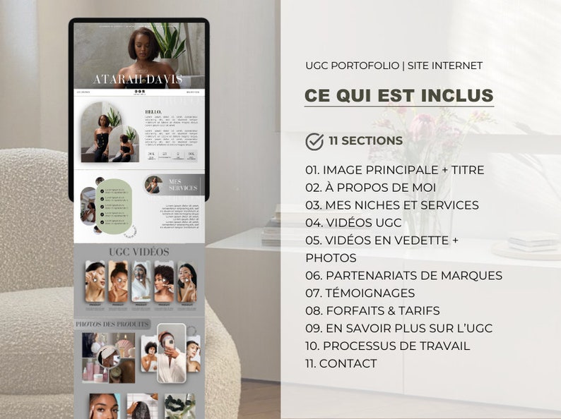 May include: A website mockup for a UGC portfolio, featuring a woman's headshot and a list of 11 sections, including "Image Principale + Titre", "&Agrave; Propos de Moi", "Mes Niches et Services", "Vid&eacute;os UGC", "Vid&eacute;os en Vedette + Photos", "Partenariats de Marques", "T&eacute;moignages", "Forfaits & Tarifs", "En Savoir Plus sur l'UGC", "Processus de Travail", and "Contact".