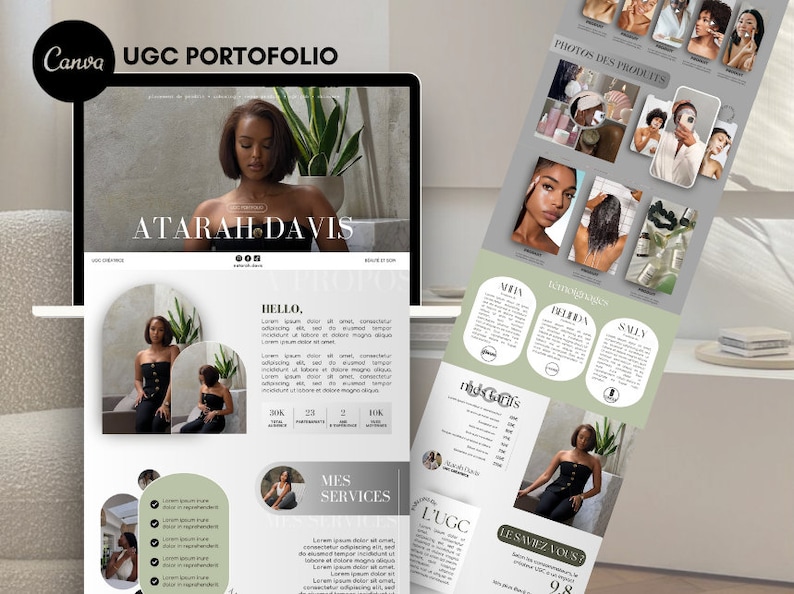 May include: A website mockup for a UGC portfolio featuring a woman with the name Atarah Davis. The website has a white background with black text and a green and white color scheme. The website includes a section for services, photos of products, and a section about UGC.