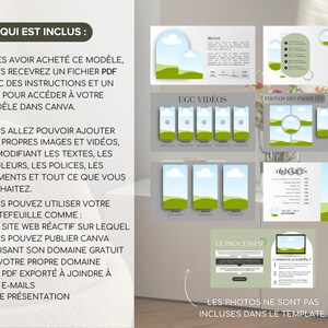 May include: A graphic design template for a website or social media. The template features a green and blue color scheme with illustrations of clouds and hills. The text "CE QUI EST INCLUS" is visible in the top left corner. The text "LES PHOTOS NE SONT PAS INCLUSES DANS LE TEMPLATE" is visible in the bottom right corner.
