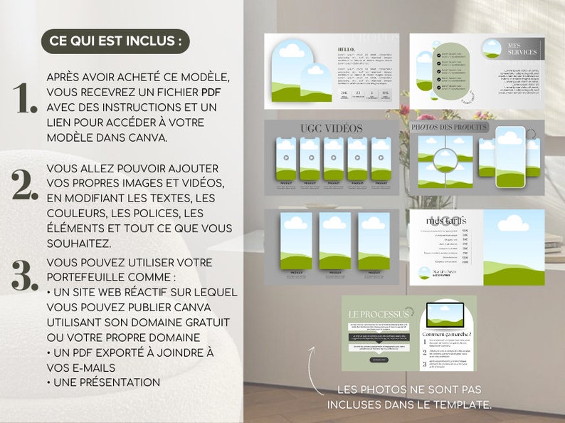 May include: A graphic design template for a website or social media. The template features a green and blue color scheme with illustrations of clouds and hills. The text "CE QUI EST INCLUS" is visible in the top left corner. The text "LES PHOTOS NE SONT PAS INCLUSES DANS LE TEMPLATE" is visible in the bottom right corner.