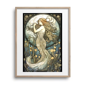 Mystical Water Nymph, Art Nouveau Style, Digital Oil Painting, Perfect Wall Art for Nature and Fantasy Lovers