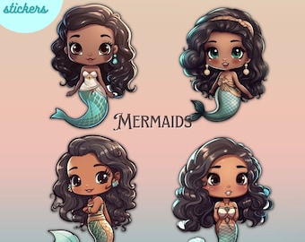 Pegatinas troqueladas de sirena chibi, linda sirena marrón, pegatinas de sirena, calcomanías de sirena