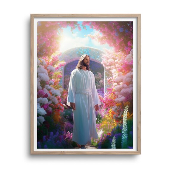 Jesus Christ Resurrection, Easter printable digital oil painting, spring florals surrounding his tomb, Christian wall art, LDS art