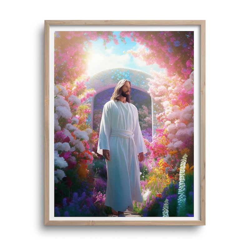 May include: A man in a white robe walks through a garden with a bright light shining down on him. The garden is filled with colorful flowers and plants.