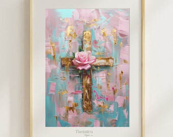 Christian Wall decor Rose Crucifix portrait,impressionist pink blue gold oil painting,religious art,LDS prints, Sunday school printables