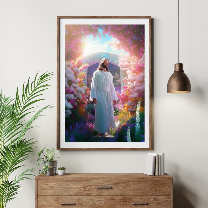 May include: A painting of a man in a white robe walking through a garden with a bright light shining down on him. The garden is filled with colorful flowers and plants.