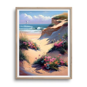 Coastal beach sand dune and ocean waves oil painting printable, soft dreamy wall art, oil painting  home decor, seagulls, flowers and rocks