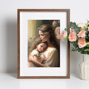 Puede incluir: Una pintura de una madre y su hija. La madre está abrazando a su hija, y la hija está apoyando su cabeza en el hombro de su madre. La madre tiene el pelo largo y castaño y lleva un vestido blanco. La hija tiene el pelo largo y castaño y lleva un vestido rosa. Hay rosas rosas en el fondo.