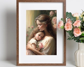 May include: A painting of a mother and daughter. The mother is holding the daughter close to her, and the daughter is resting her head on the mother's shoulder. The mother has long brown hair and is wearing a white dress. The daughter has long brown hair and is wearing a pink dress. There are pink roses in the background.