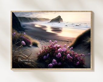 New Zealand Landscape oil painting, Piha beach Auckland, Black sand coastal beach, dreamy ocean with rocks and flowers, purple pink sunset