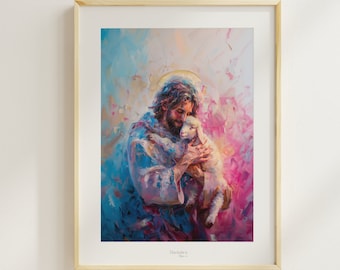 Lamb of God portrait,Jesus Christ,impressionist pink blue oil painting,bible quote,nursery decor,religious Christian art,LDS prints,Sunday