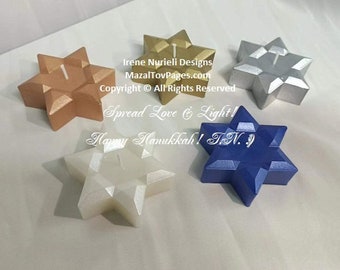 Judaica Symbols Premium Beeswax Luxurious Metallic Star of David Chanukah Candles Shabbat Hand Crafted Dipped Temple - Stars of David 5 pcs.