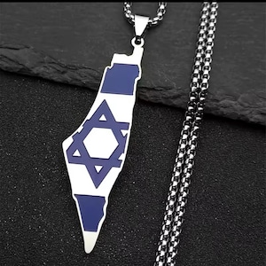 Joyería Judaica de acero inoxidable con mapa de la Tierra de Israel, Eretz Yisrael Yisroel, collar con estrella de David judía en esmalte azul y blanco