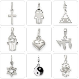 May include: Nine silver pendants with different religious and spiritual symbols. The pendants include a cross, a hamsa hand, a triangle with an eye, a Star of David, a heart, a chai symbol, a yin yang symbol, and two hamsa hands with a star.