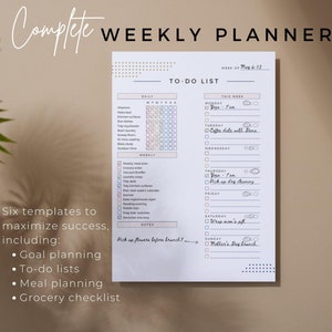 Digital Weekly Planner and Meal Planner, Undated, Simple, Clean, Minimalist To Do List, Printable Templates, Goal Oriented
