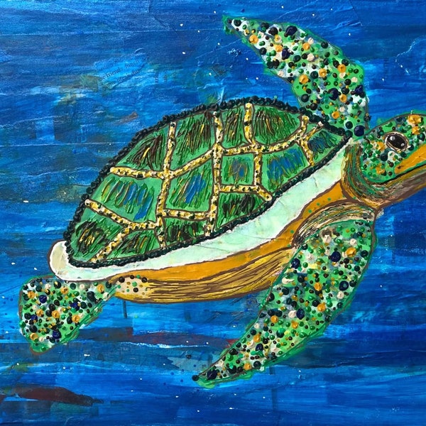 Speckled Sea Turtle 11x14 Embellished Print | Mixed Media Art | Embellished By Artist| framable art | art prints | art poster