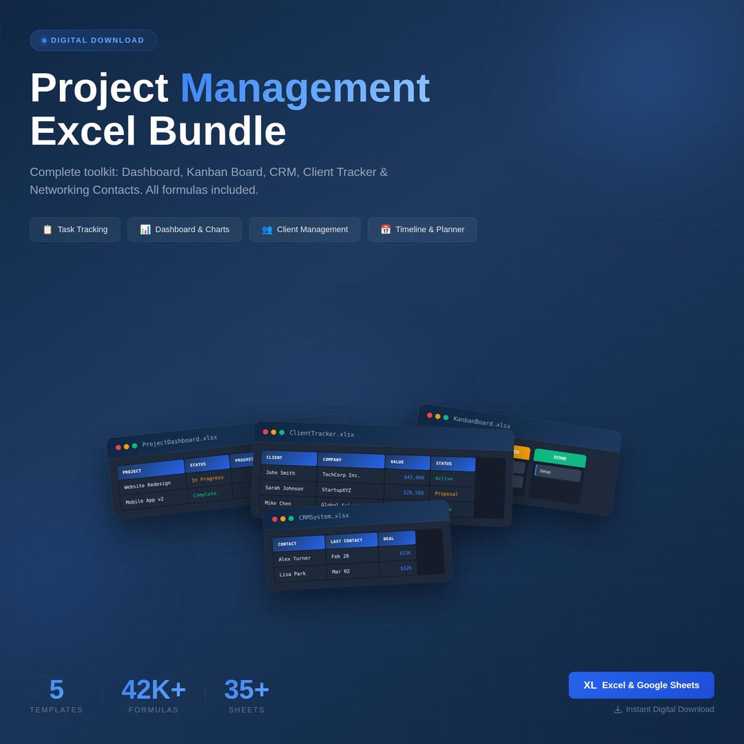 Project Management Excel Bundle | Kanban, CRM, Client Tracker (digital ...