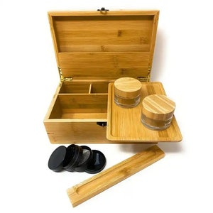 Wooden Stash Box Combo Kit with Grinder, Rolling Tray, Airtight Jars