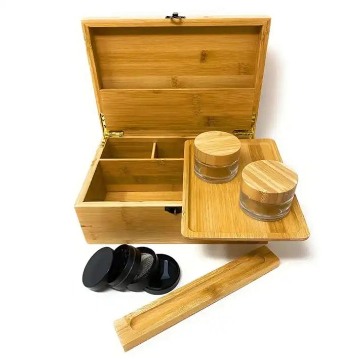 Pineapple Stash Box Combo Locking Stash Box With Accessoties Pineapple 4  Part Grinder Stash Jar and Rolling Tray Set 