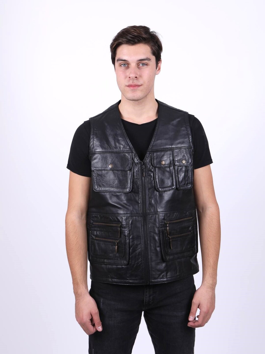 Mens Leather Waistcoat, Black Genuine ,lamb Men's Leather Vest, Black