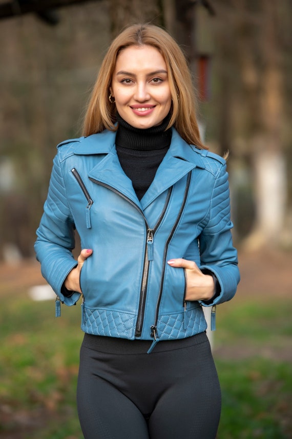 Navy Blue Leather Jacket for Women's Biker Jacket Leather 