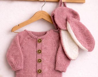 Baby Bunny Romper – Hand Knit Easter Baby Outfit, Dusty Pink Hooded Costume