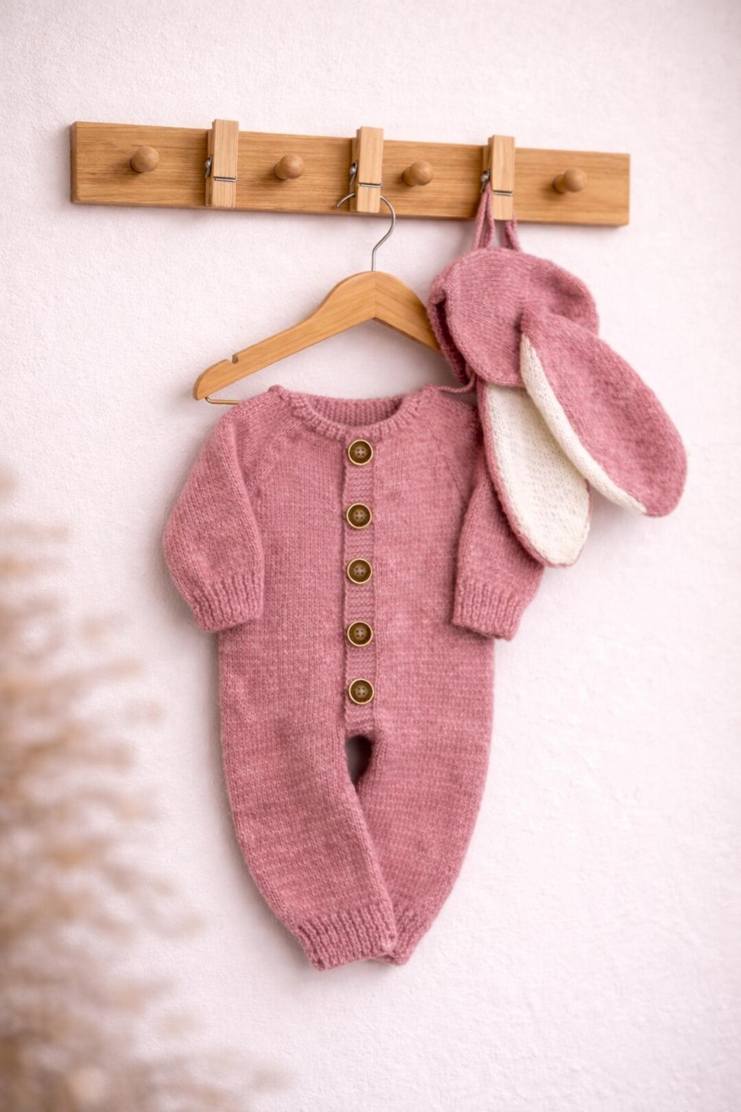 Baby Bunny Romper – Hand Knit Easter Baby Outfit, Dusty Pink Hooded ...