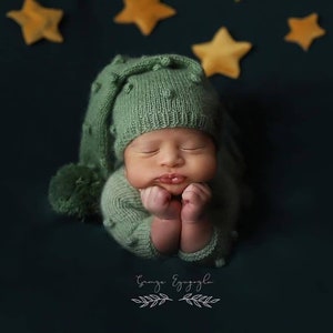 Knit Newborn Green Popcorn Romper and Sleepy Hat Set, Baby Photo Prop Outfit