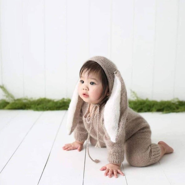 Gebreide Sitter Baby Bunny Bonnet Outfit Set, Babymeisje en Jongen Pasen Foto Prop, Baby Bunny Hoed en Romper kostuum, Pasen foto prop outfit