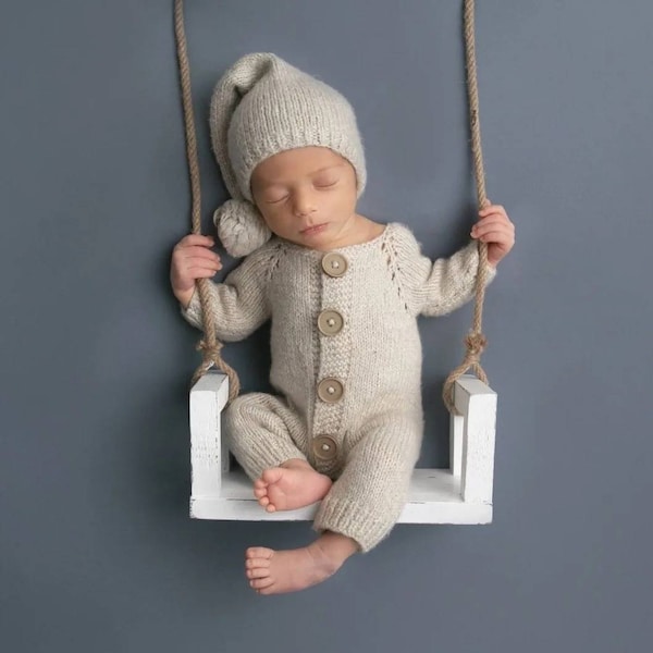 Newborn footed rompers, knitted bear bonnet and sleepy hat toy, knitted baby outfit props photography,Knitted baby Rompers set photo shoot